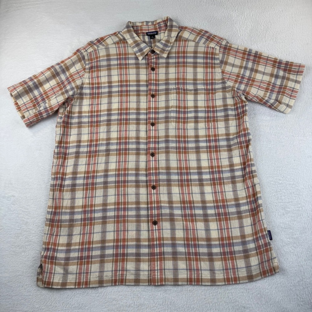 Patagonia A/C Shirt Mens XL Tan Orange Plaid Organic Cotton Short Sleeve